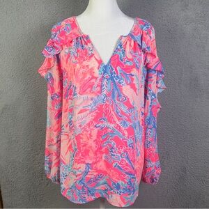Lilly Pulitzer Top Womens Small Elora Ruffle Sleeve Pascha Pink Aquadesiac Beach